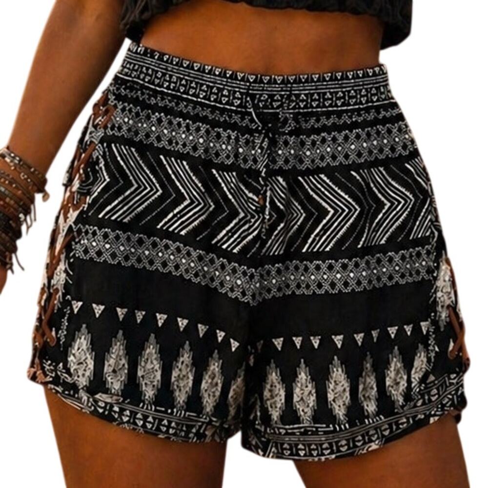 Large Tribal Boho Shorts Suede Side Ties Festival Beachy Western Hippie Native